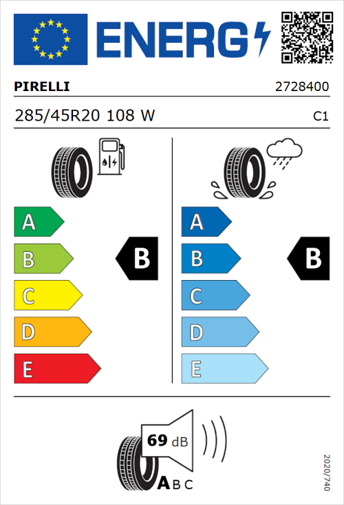 Tyre Label for Pirelli P Zero 285/45R20 108W