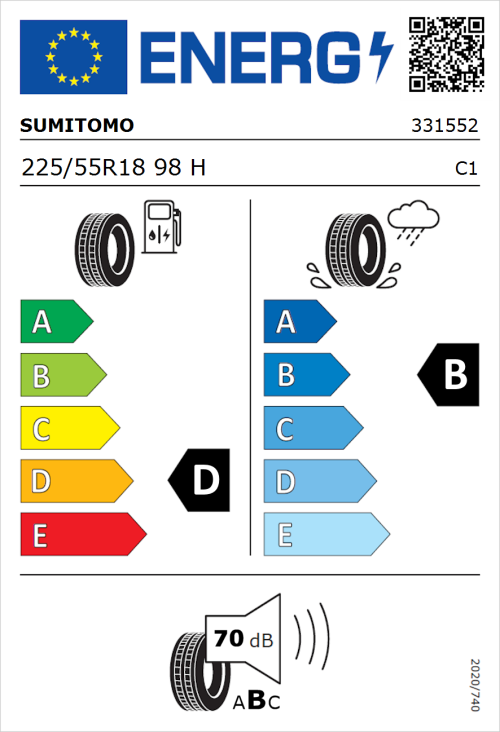 Tyre Label for Sumitomo BC100 225/55R18 98H