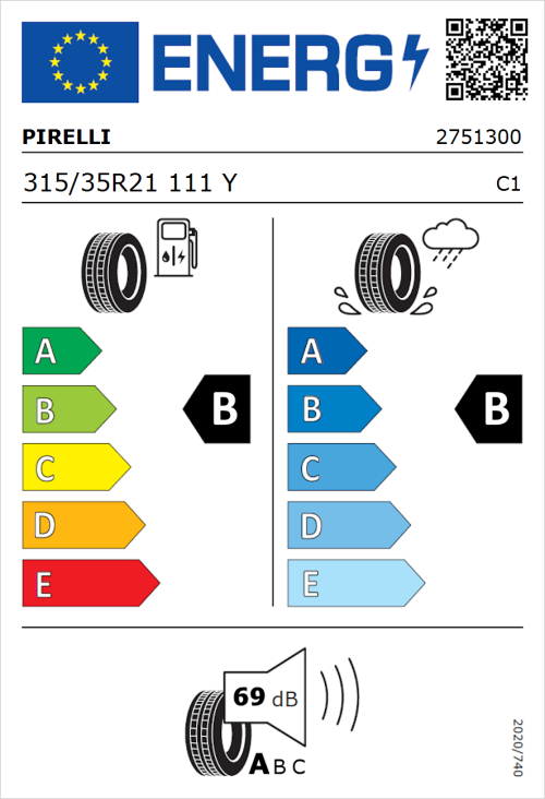 Tyre Label for Pirelli P Zero 315/35R21 111Y