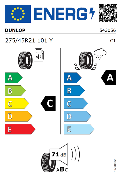 Tyre Label for Dunlop Sportmaxx RT 2 SUV 275/45R21 101Y