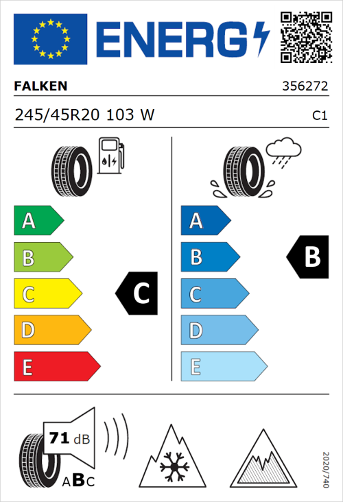 Tyre Label for Falken Euroall Season AS220 PRO 245/45R20 103W