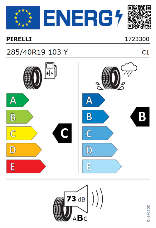 Tyre Label for Pirelli P Zero 285/40R19 103Y
