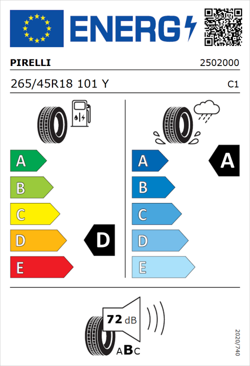 Tyre Label for Pirelli P Zero 265/45R18 101Y